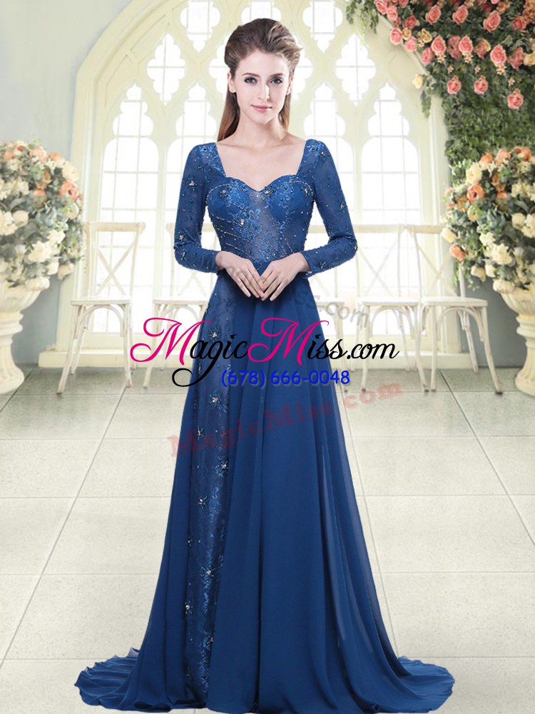 wholesale long sleeves chiffon sweep train zipper evening outfits in blue with beading and lace