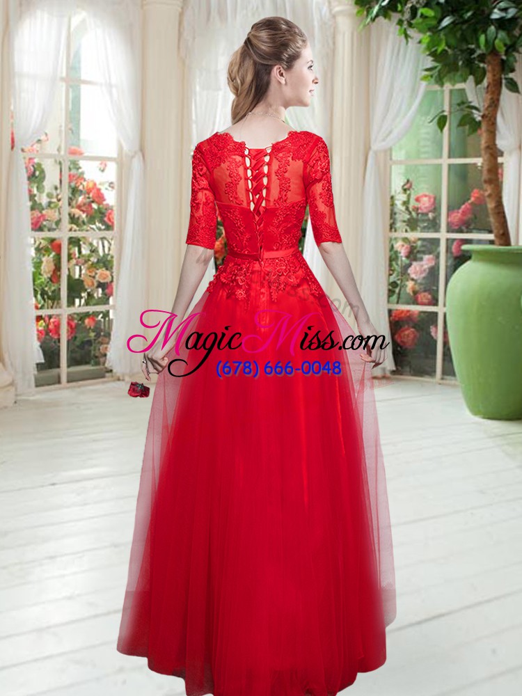 wholesale half sleeves floor length lace lace up prom dress with fuchsia