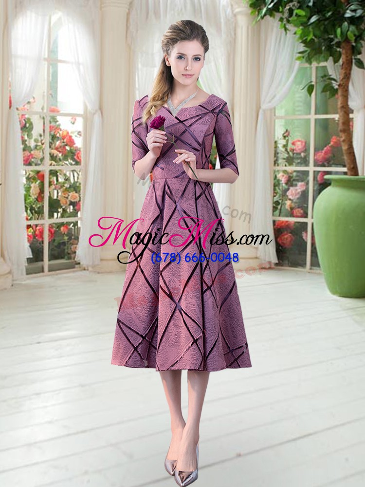 wholesale hot sale pink zipper half sleeves tea length ruching