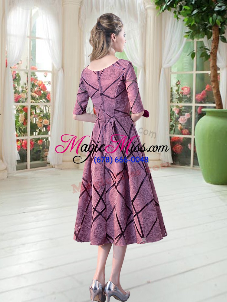 wholesale hot sale pink zipper half sleeves tea length ruching