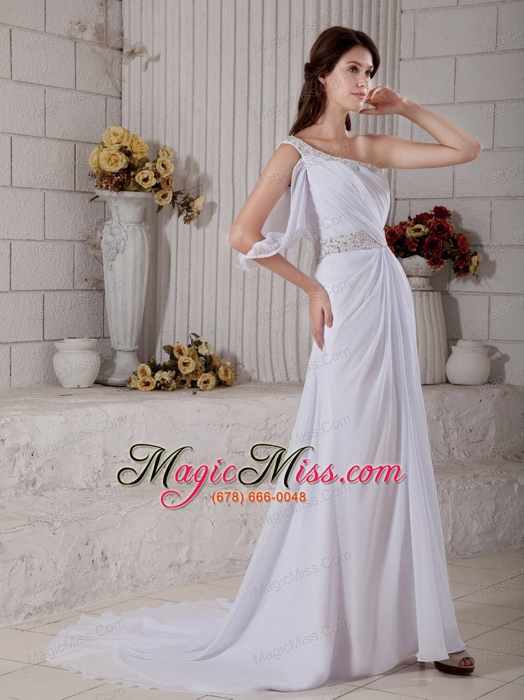 wholesale elegant column one shoulder court train chiffon beading wedding dress