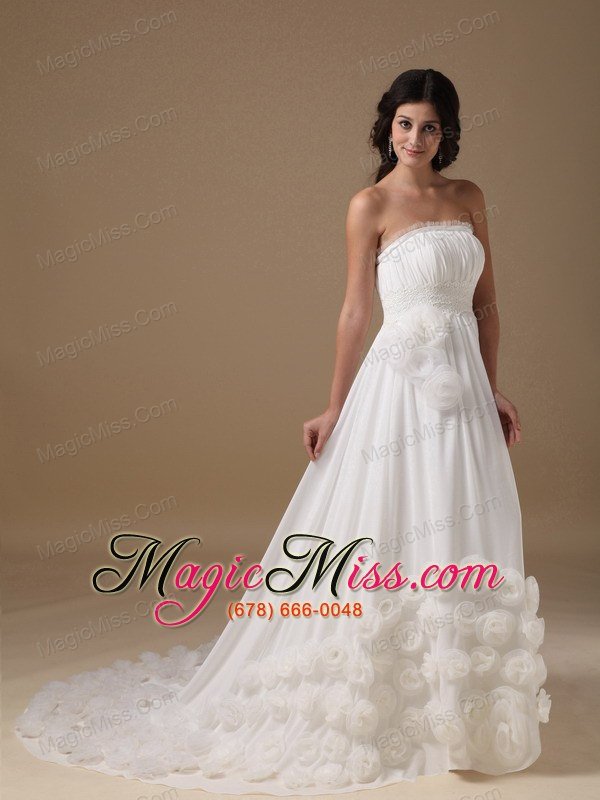 wholesale elegant a-line strapless court train chiffon hand made flowers wedding dress