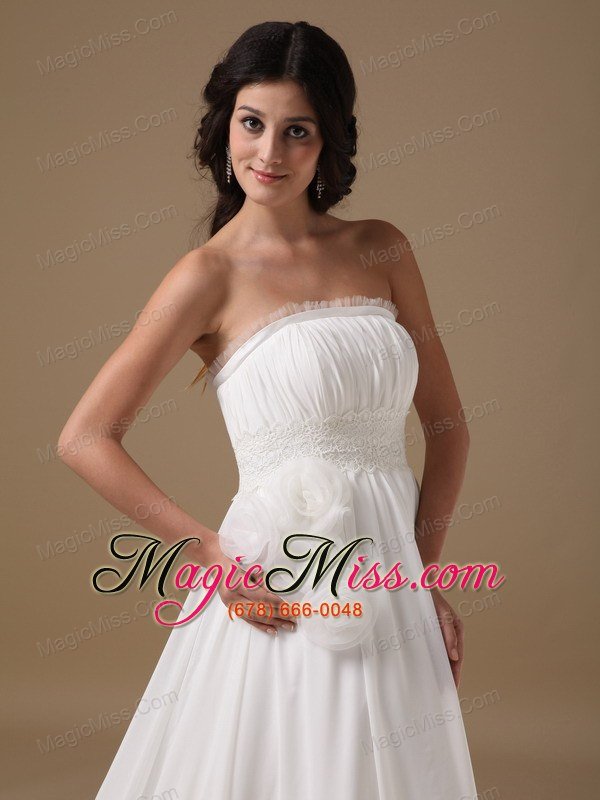 wholesale elegant a-line strapless court train chiffon hand made flowers wedding dress