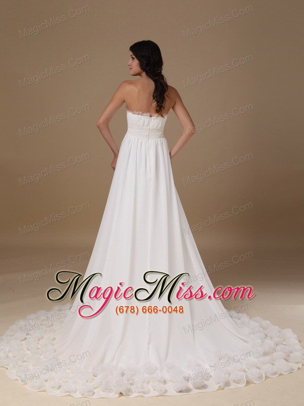 wholesale elegant a-line strapless court train chiffon hand made flowers wedding dress