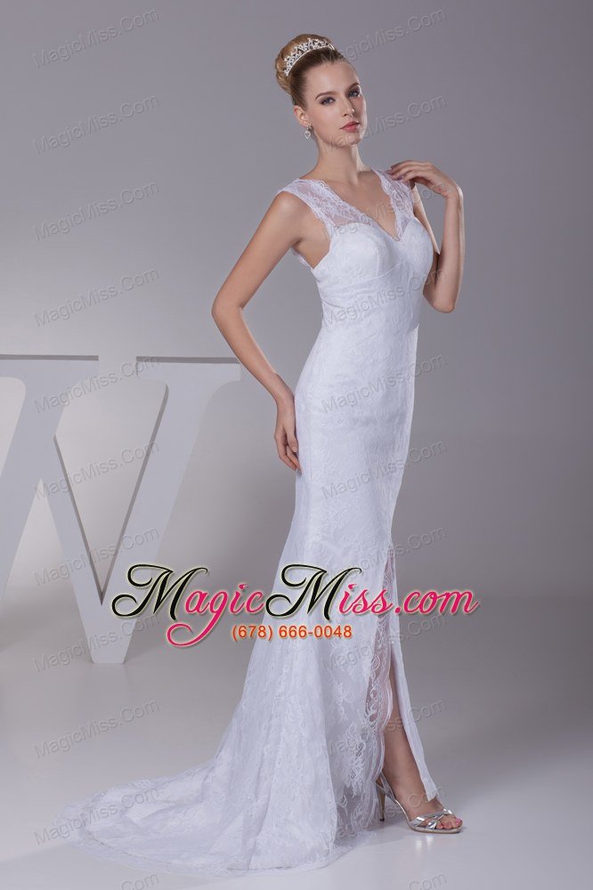 wholesale mermaid v-neck high slit brush train wedding dress