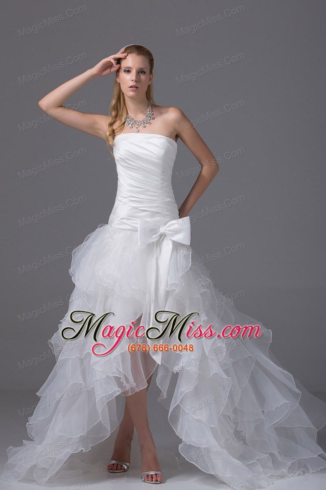 wholesale high-low strapless ruching bow organza wedding dress