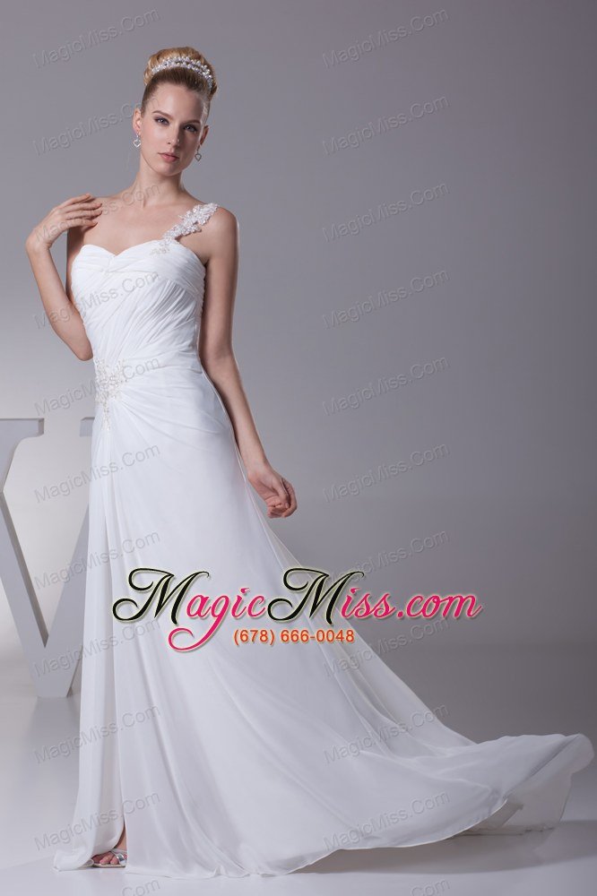 wholesale one shoulder high slit ruching appliques wedding dress