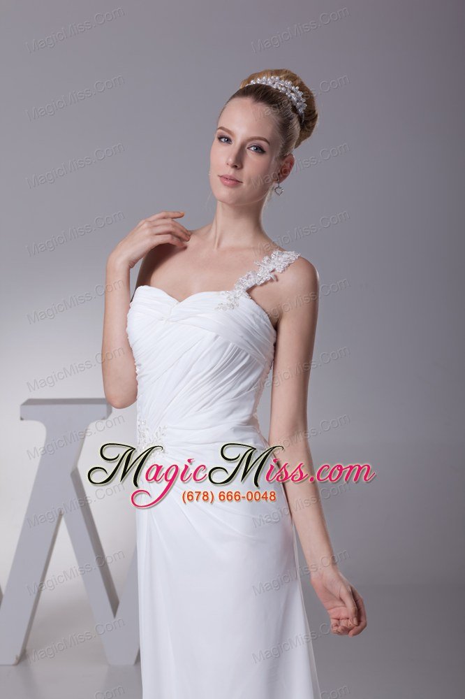 wholesale one shoulder high slit ruching appliques wedding dress