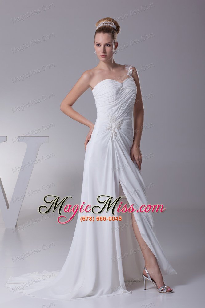 wholesale one shoulder high slit ruching appliques wedding dress