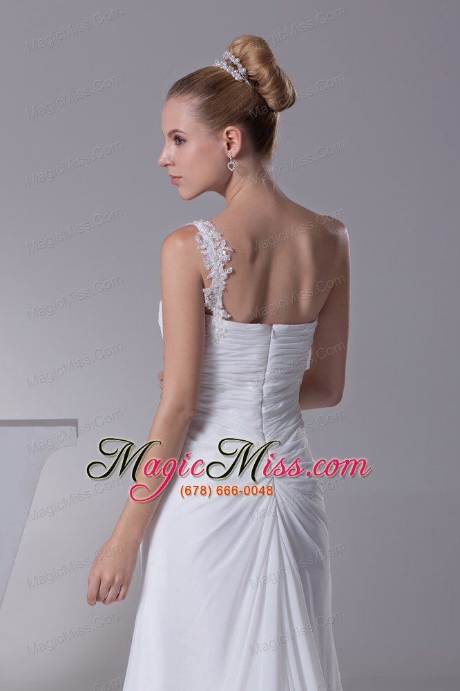 wholesale one shoulder high slit ruching appliques wedding dress