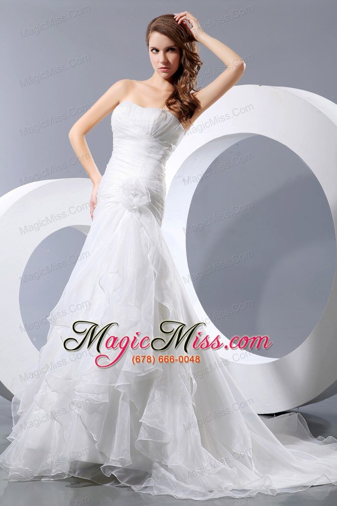 wholesale elegant a-line strapless court train taffeta and organza ruch and hand made flower wedding dress