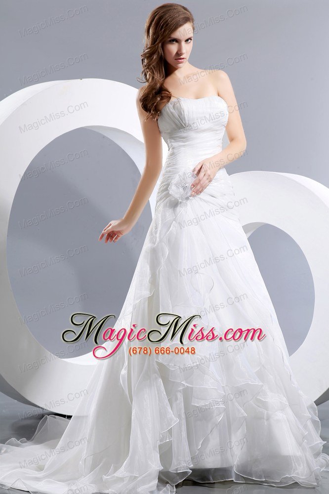 wholesale elegant a-line strapless court train taffeta and organza ruch and hand made flower wedding dress