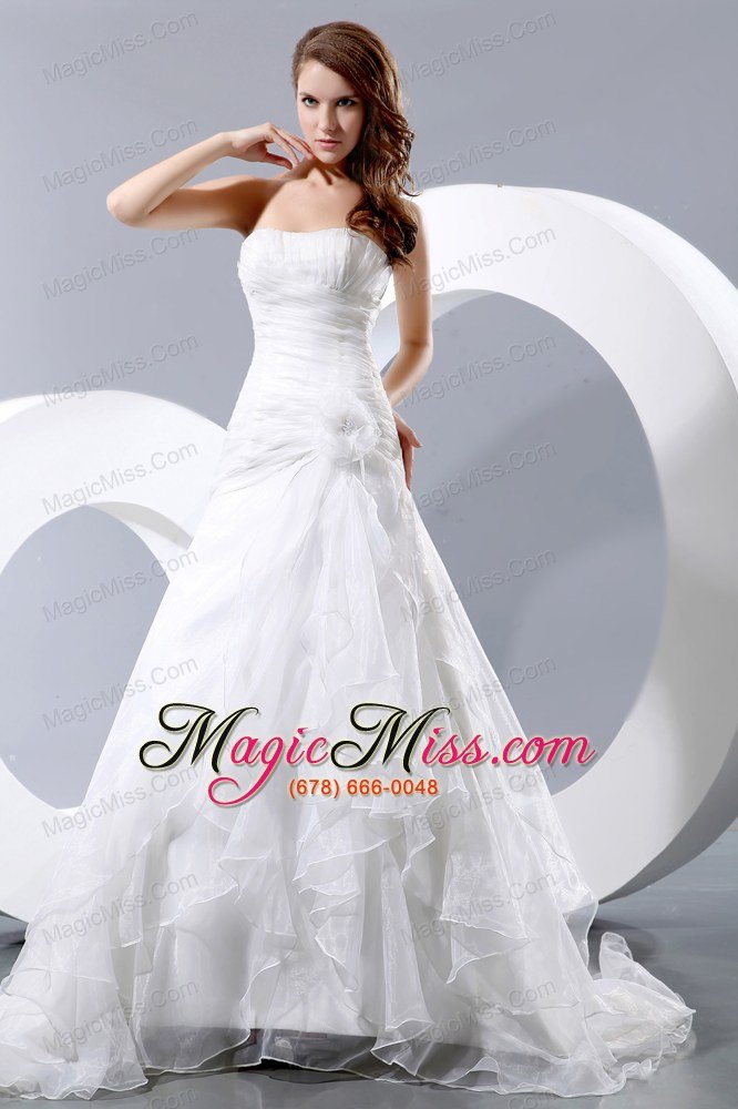 wholesale elegant a-line strapless court train taffeta and organza ruch and hand made flower wedding dress