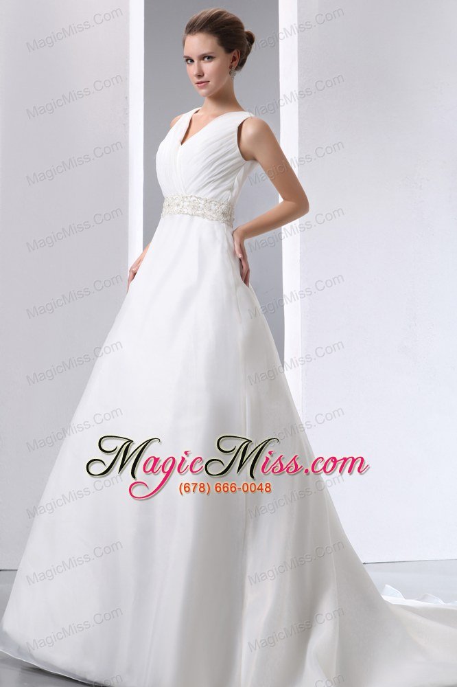 wholesale simple a-line v-neck court train satin and organza beading and ruch wedding dress