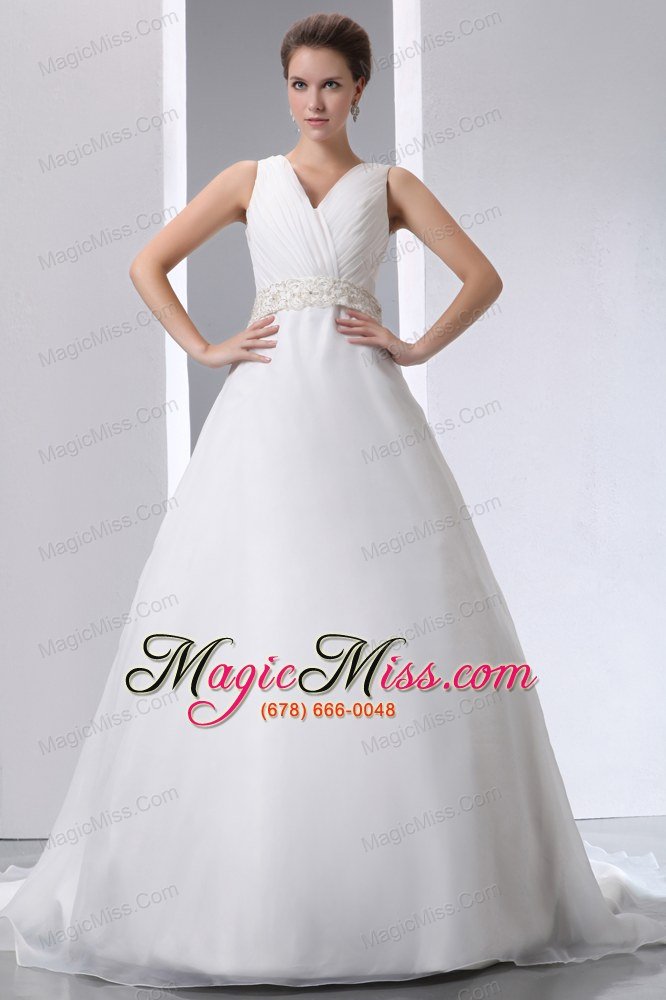 wholesale simple a-line v-neck court train satin and organza beading and ruch wedding dress