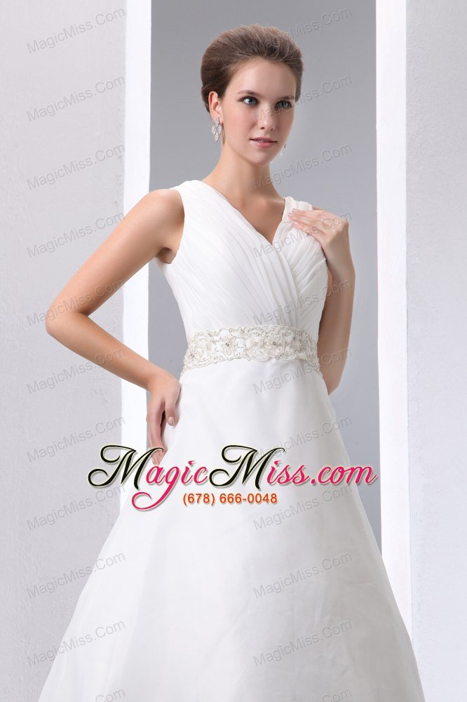 wholesale simple a-line v-neck court train satin and organza beading and ruch wedding dress