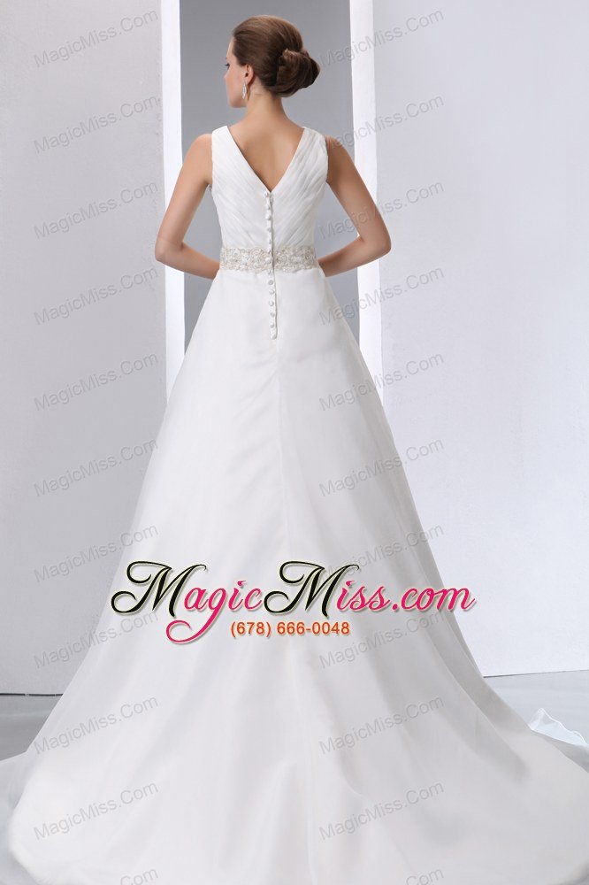 wholesale simple a-line v-neck court train satin and organza beading and ruch wedding dress