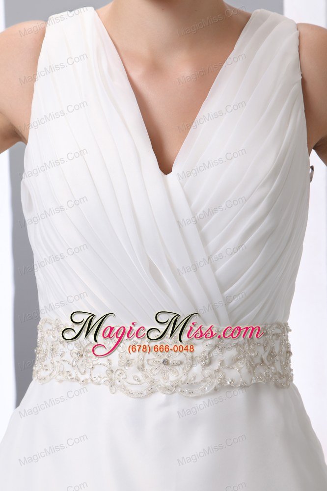 wholesale simple a-line v-neck court train satin and organza beading and ruch wedding dress