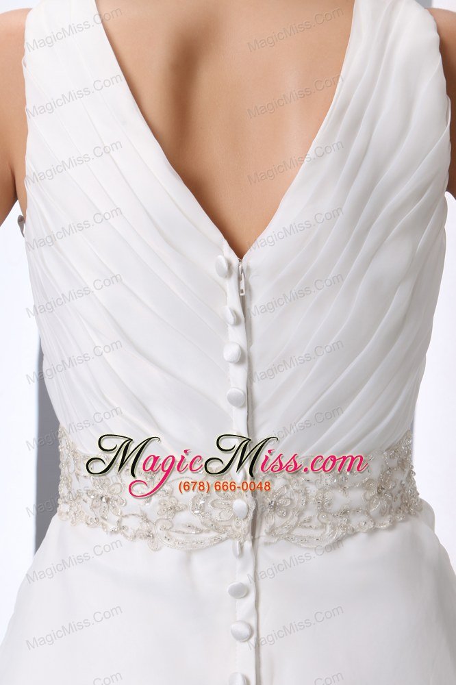 wholesale simple a-line v-neck court train satin and organza beading and ruch wedding dress