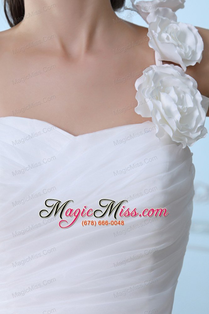 wholesale modest a-line one shoulder court train organza ruch and hand made flowers wedding dress