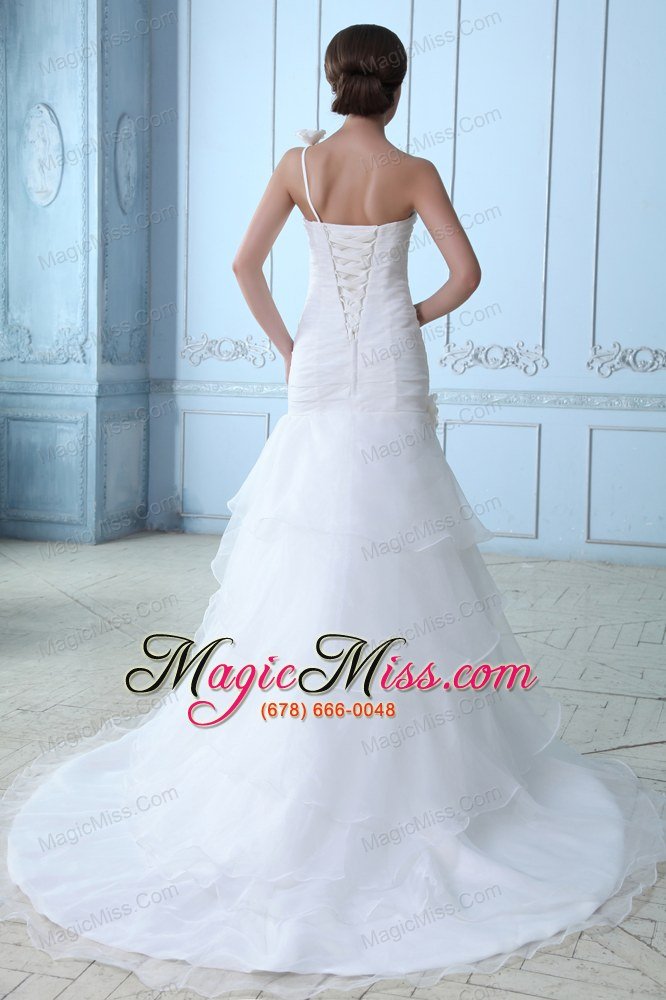 wholesale modest a-line one shoulder court train organza ruch and hand made flowers wedding dress