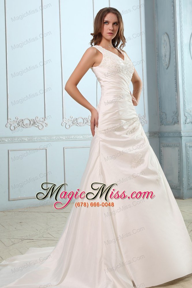 wholesale brand new a-line v-neck court train taffetaruch and appliques wedding dress