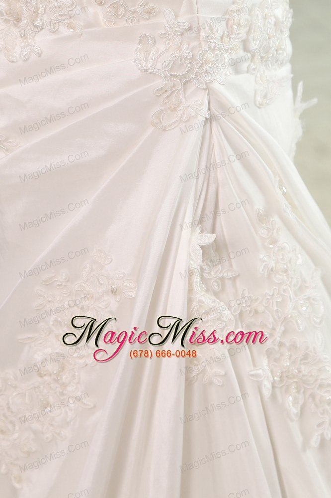 wholesale brand new a-line v-neck court train taffetaruch and appliques wedding dress