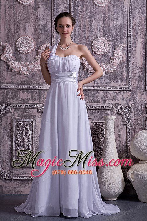 wholesale lovely empire one shoulder court train chiffon ruch wedding dress