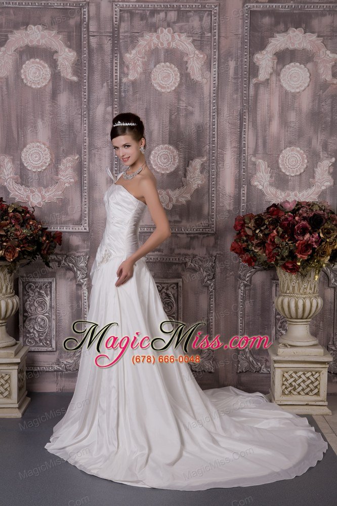 wholesale luxurious a-line one shoulder court train elastic woven satin appliques wedding dress