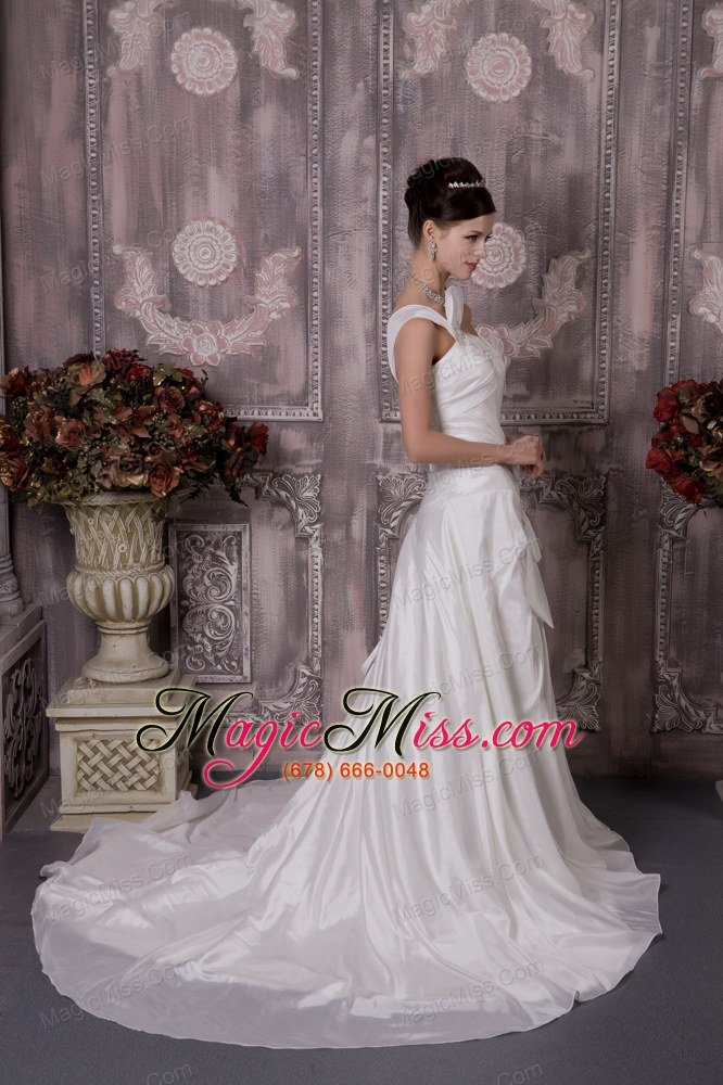 wholesale luxurious a-line one shoulder court train elastic woven satin appliques wedding dress