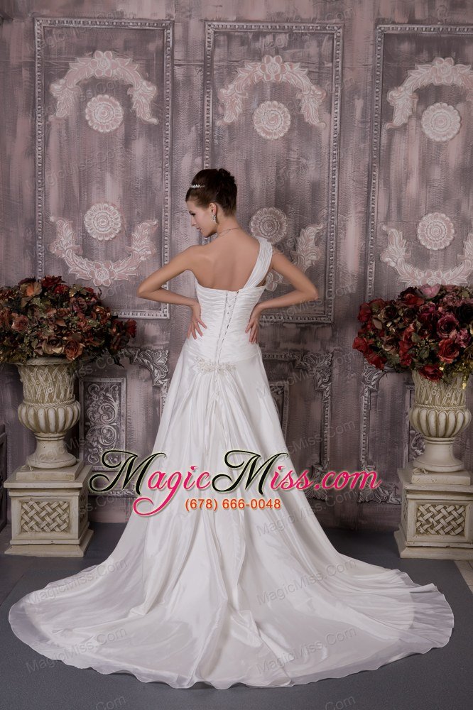 wholesale luxurious a-line one shoulder court train elastic woven satin appliques wedding dress