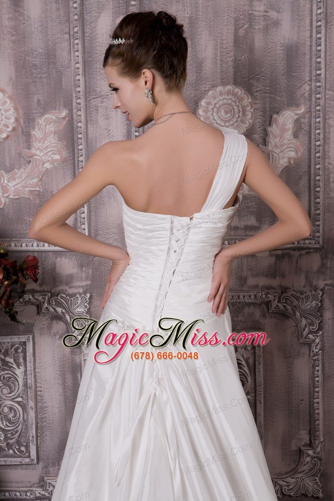 wholesale luxurious a-line one shoulder court train elastic woven satin appliques wedding dress