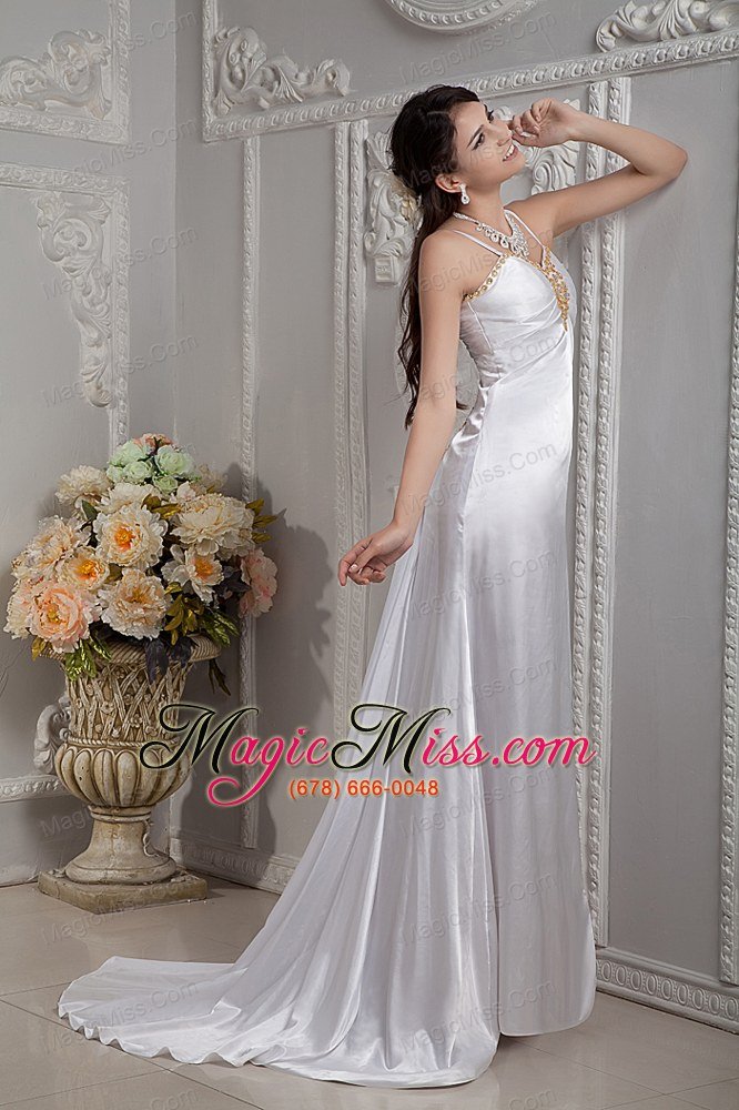 wholesale popular column straps brush train elastic woven satin beading and ruch wedding dress