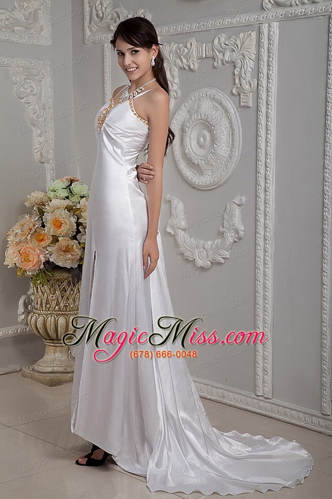 wholesale popular column straps brush train elastic woven satin beading and ruch wedding dress