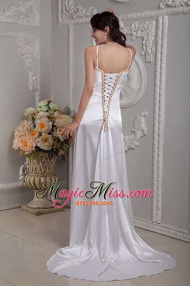 wholesale popular column straps brush train elastic woven satin beading and ruch wedding dress