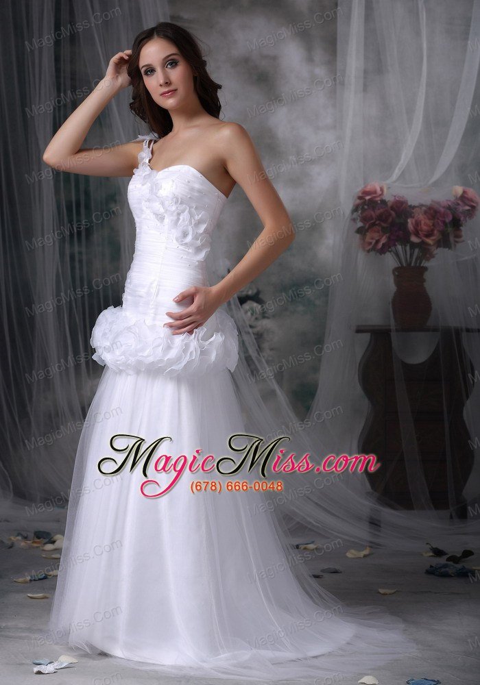 wholesale beautiful a-line one shoulder brush train taffeta and tulle hand made flowers wedding dress