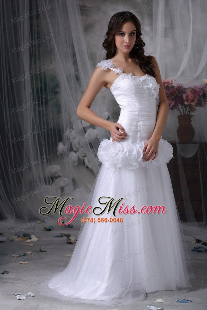 wholesale beautiful a-line one shoulder brush train taffeta and tulle hand made flowers wedding dress