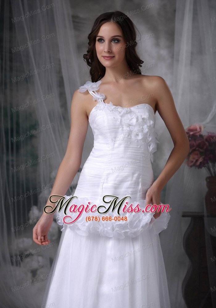 wholesale beautiful a-line one shoulder brush train taffeta and tulle hand made flowers wedding dress