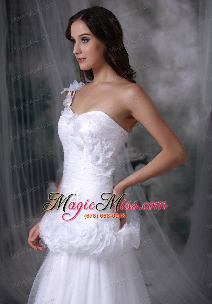 wholesale beautiful a-line one shoulder brush train taffeta and tulle hand made flowers wedding dress