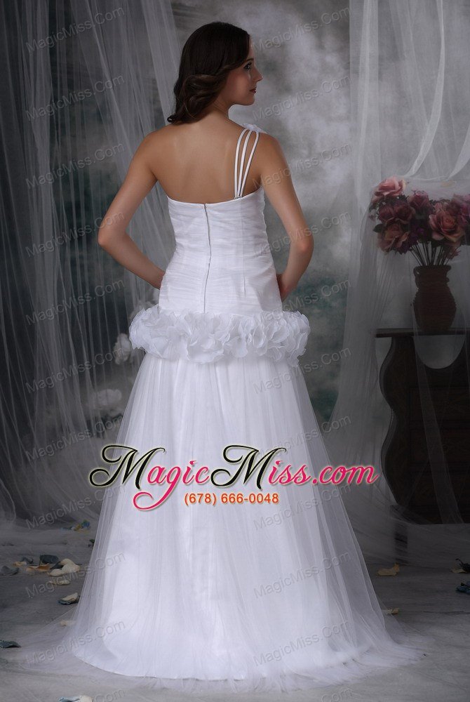 wholesale beautiful a-line one shoulder brush train taffeta and tulle hand made flowers wedding dress