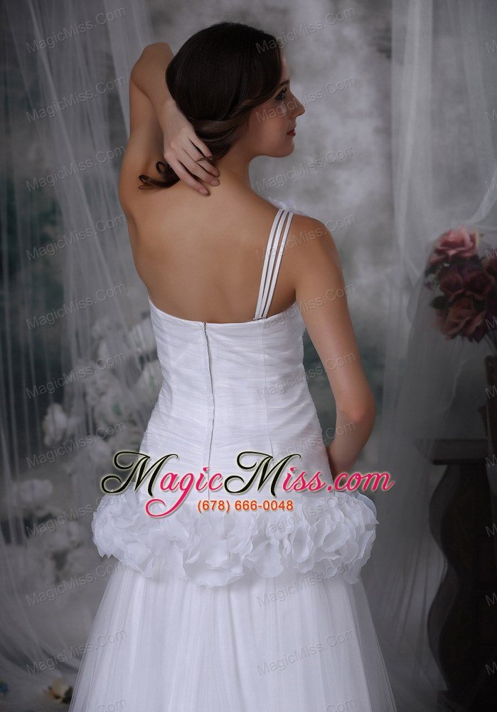 wholesale beautiful a-line one shoulder brush train taffeta and tulle hand made flowers wedding dress