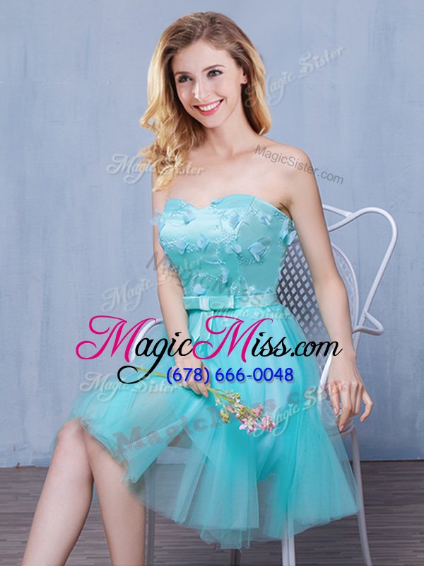 wholesale luxurious aqua blue tulle lace up wedding guest dresses sleeveless knee length lace and appliques and bowknot