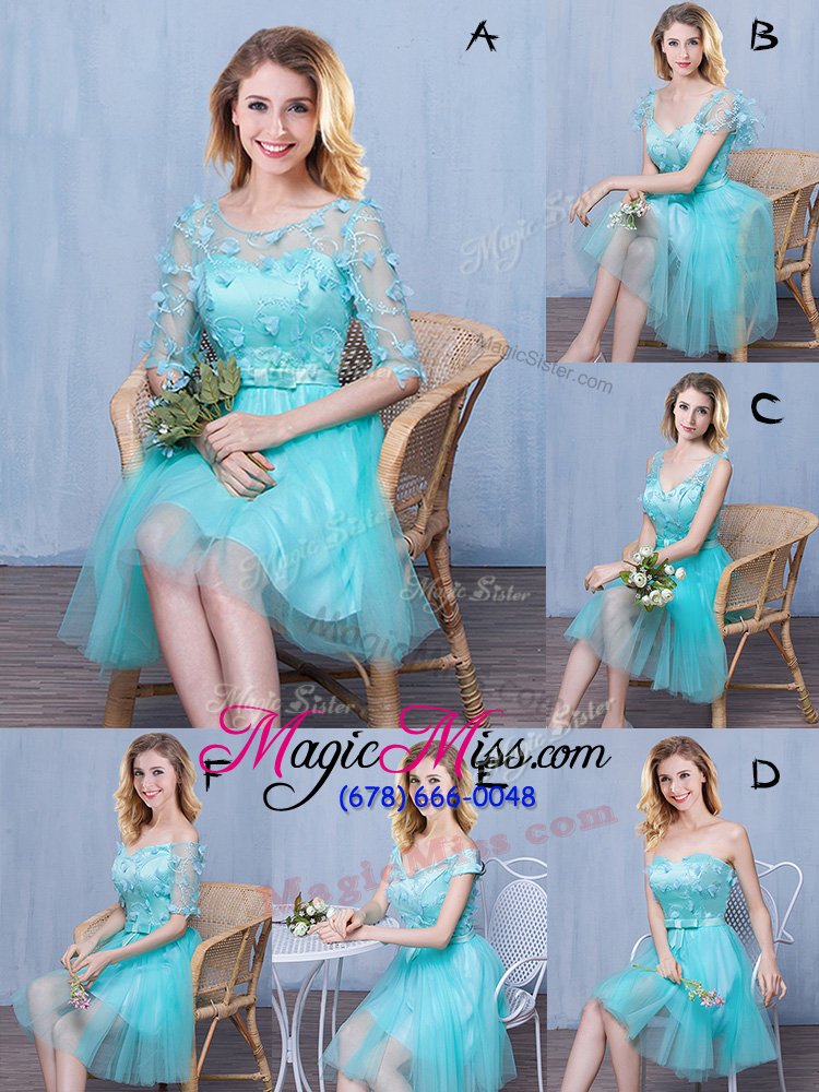 wholesale luxurious aqua blue tulle lace up wedding guest dresses sleeveless knee length lace and appliques and bowknot