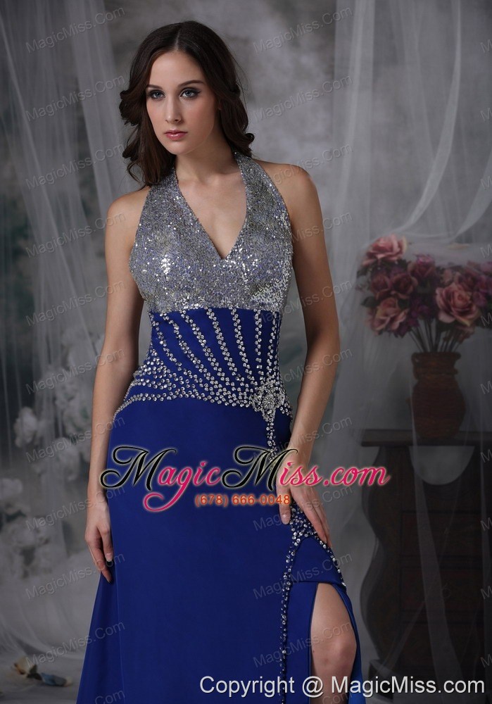 wholesale blue column halter floor-length chiffon beading prom dress