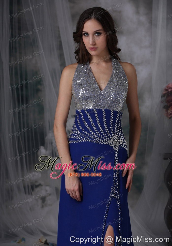 wholesale blue column halter floor-length chiffon beading prom dress