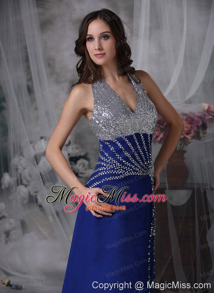 wholesale blue column halter floor-length chiffon beading prom dress