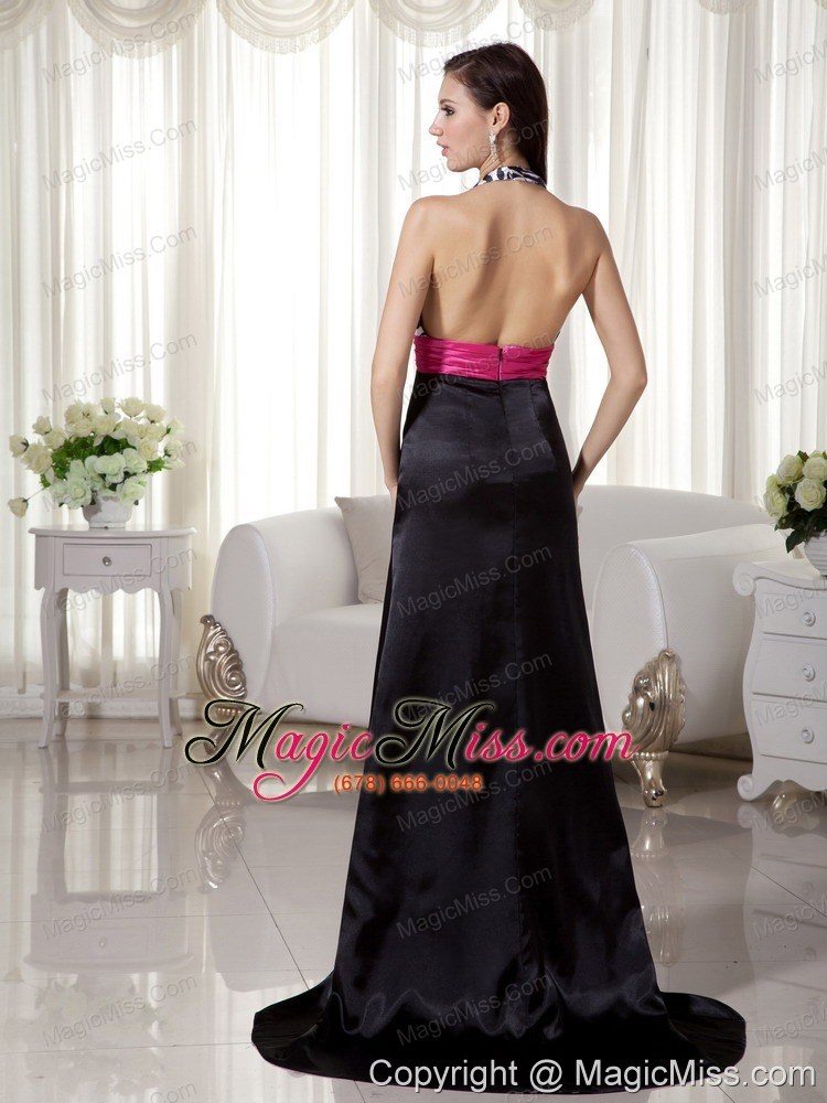 wholesale black and hot pink column / sheath halter brush train zebra prom dress