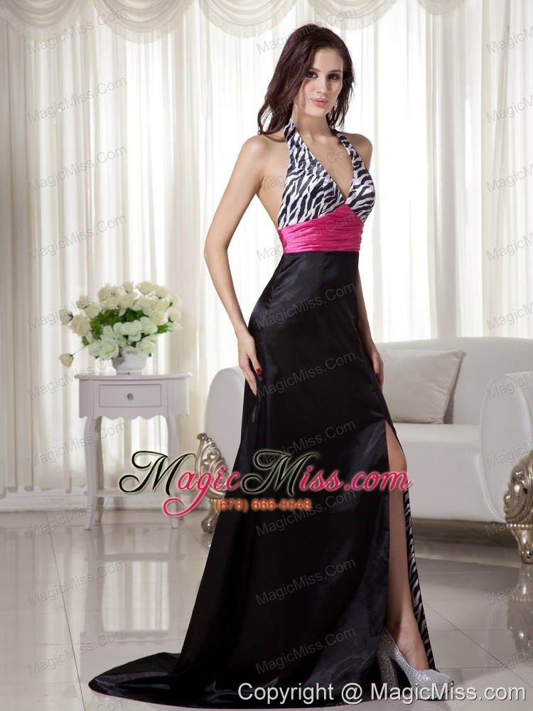 wholesale black and hot pink column / sheath halter brush train zebra prom dress