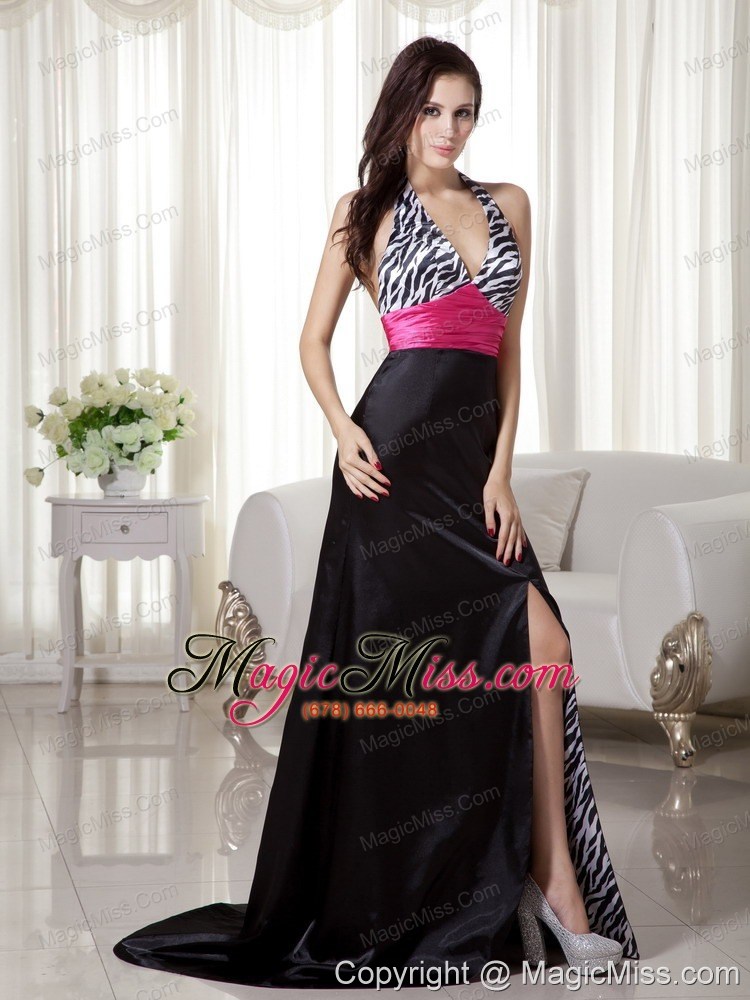 wholesale black and hot pink column / sheath halter brush train zebra prom dress