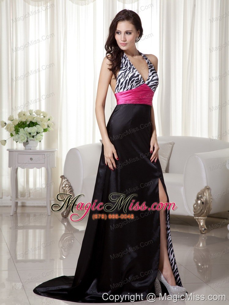 wholesale black and hot pink column / sheath halter brush train zebra prom dress